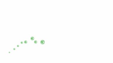 Animated green symbol of the currency Euro coins fly from left to right. A wave with flying linear coins. Concept of business, money, finance. Vector illustration isolated on the white background.