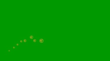 Animated orange symbol of the currency Euro coins fly from left to right. A wave with flying linear coins. Concept of business, money, finance. Vector illustration isolated on the green background.