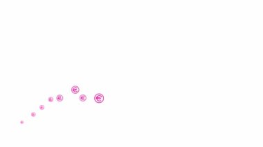 Animated pink symbol of the currency Euro coins fly from left to right. A wave with flying linear magenta coins. Concept of business, money, finance. Vector illustration isolated on the white background.