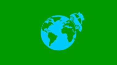 Animasyon araba gezegenin etrafında dönüyor. Bagajı olan mavi bir klasik araba. Döngülü video. Arabayla seyahat konsepti. Dünya turu. Düz vektör çizimi beyaz arkaplanda izole edildi.