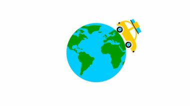 Animated car drives around the green blue planet. yellow vintage car with baggage rides. Looped video. Travel concept by car. Trip around the world. Flat vector illustration isolated on white background.