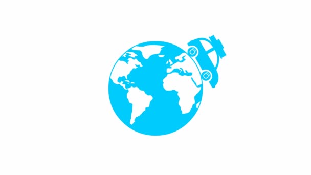 动感汽车在地球上行驶 蓝色古董车 装有行李 循环视频 乘汽车旅行的概念 环游世界 白色背景上孤立的平面矢量图解 — 图库视频影像