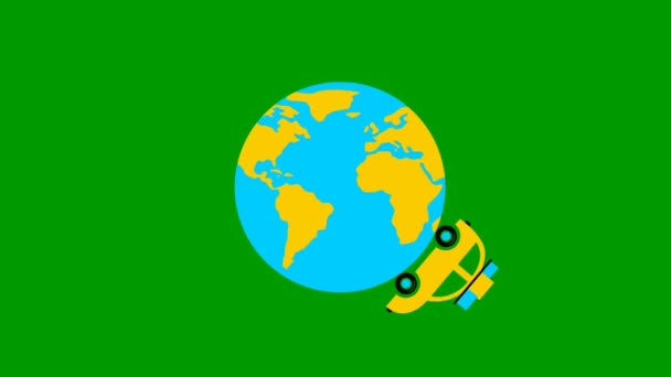 Мультипликационная Машина Едет Вокруг Желтой Голубой Планеты Желтый Винтажный Автомобиль — стоковое видео
