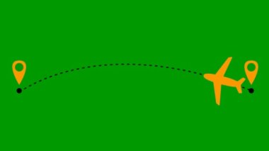 Animated orange the plane flies along a trajectory. Concept of airplane travel. Airplane flies from one place to another. Looped video. Vector illustration isolated on a green background.
