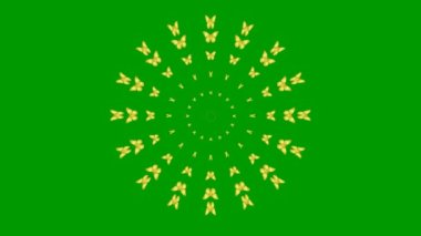 Animated golden butterflies fly from center. Looped video. Vector illustration isolated on green background.