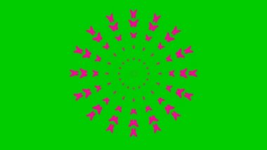 Animated magenta butterflies fly from center. Looped video. Vector illustration isolated on green background.
