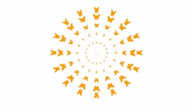 Animated orange butterflies fly from center. Looped video. Vector illustration isolated on white background.