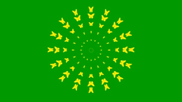 アニメーション化された黄色の蝶が中心から飛ぶ ループビデオだ 緑の背景に独立したベクトル図 — ストック動画