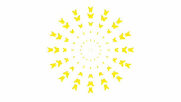アニメーション化された黄色の蝶が中心から飛ぶ ループビデオだ 白を基調としたベクトルイラスト — ストック動画