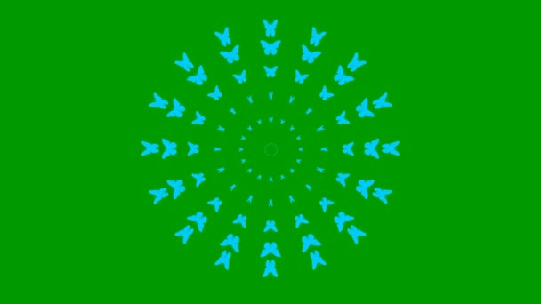 アニメーション化された青い蝶が中心から飛ぶ ループビデオだ 緑の背景に独立したベクトル図 — ストック動画