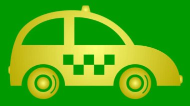 An animated golden taxi is driving. Vintage car is  riding. Looped video. Concept of public transport. Flat vector illustration isolated on green background.