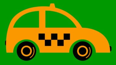 An animated orange taxi is driving. Vintage car is  riding. Looped video. Concept of public transport. Flat vector illustration isolated on green background.