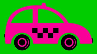 An animated pink taxi is driving. Vintage magenta car is  riding. Looped video. Concept of public transport. Flat vector illustration isolated on green background.