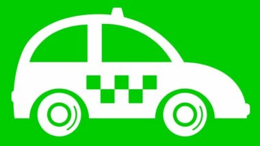 An animated white taxi is driving. Vintage car is  riding. Looped video. Concept of public transport. Flat vector illustration isolated on green background.