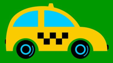 An animated yellow taxi is driving. Vintage car is  riding. Looped video. Concept of public transport. Flat vector illustration isolated on green background.
