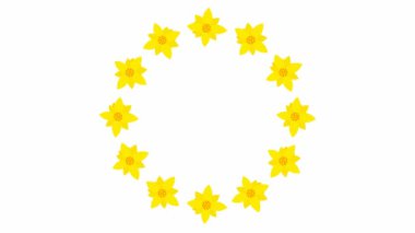 Animated yellow flower blossoms. Circle frame from flowers. Floral template with copy space for text. Looped video. Flat vector illustration isolated on white background.