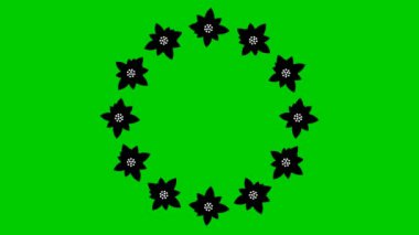 Animated black flower blossoms. Circle frame from flowers. Floral template with copy space for text. Looped video. Flat vector illustration isolated on green background.