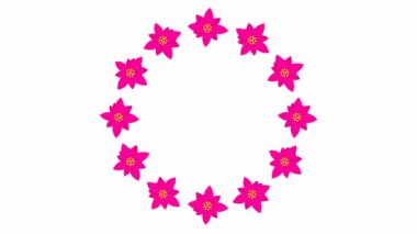 Animated magenta flower blossoms. Circle frame from flowers. Floral template with copy space for text. Looped video. Flat vector illustration isolated on white background.