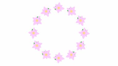 Animated pink flower blossoms. Circle frame from flowers. Floral template with copy space for text. Looped video. Flat vector illustration isolated on white background.
