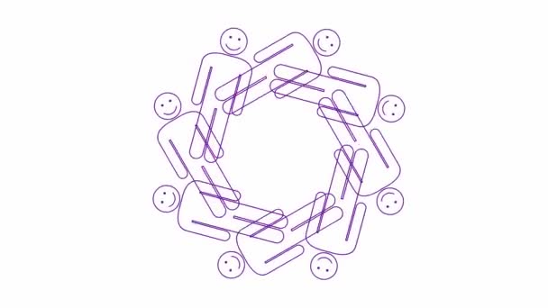 生动的紫罗兰线微笑着人们圆圆的华丽 装饰元素从人的符号转过来 团队合作 社会的概念 循环视频 在白色背景上孤立的向量图 — 图库视频影像