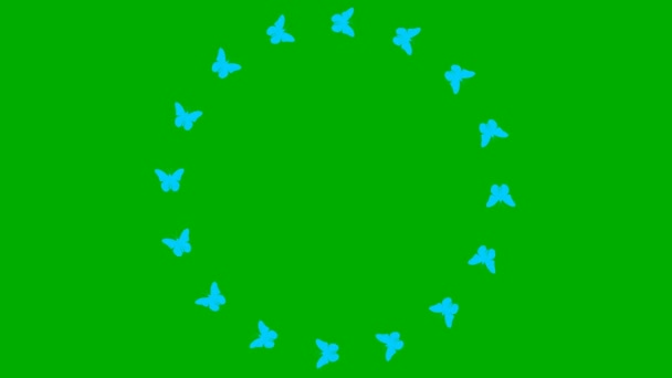 青い蝶のアニメーションフレームが円の中を飛ぶ ループビデオだ 夏と春のコンセプト 緑の背景に独立したベクトル図 — ストック動画