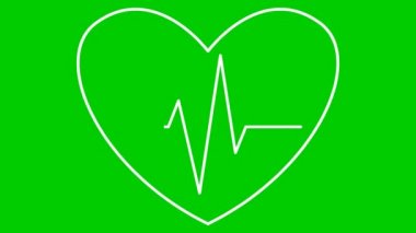 Elektrokardiyogramla çarpan beyaz kalp animasyonu. Nabız atan kardiyogramın doğrusal sembolü. Kalp atışının döngülü videosu. Sağlık, kardiyoloji, tıp kavramı. Vektör illüstrasyonu yeşil arkaplanda izole edildi.
