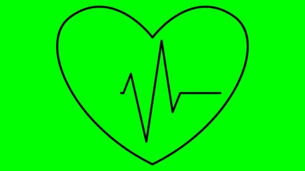 心電図でアニメーション黒のドキドキ心臓 脈動性心血管の線形シンボル 鼓動する心臓のループビデオ 心臓病 医学の概念 緑の背景に独立したベクトル図 — ストック動画