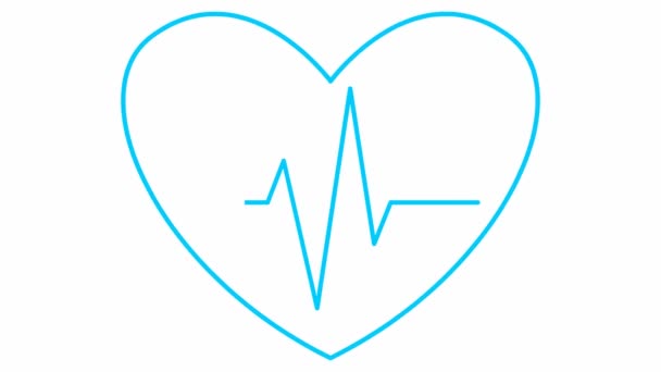 带心电图的蓝色跳动的动画心脏 脉动心动图的线性符号 循环视频心跳的心脏 心脏科 医学的概念 白色背景上孤立的向量图 — 图库视频影像