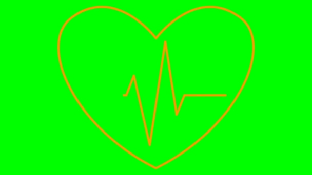 心電図で心臓を叩くオレンジ色のアニメーション 脈動性心血管の線形シンボル 鼓動する心臓のループビデオ 心臓病 医学の概念 緑の背景に独立したベクトル図 — ストック動画