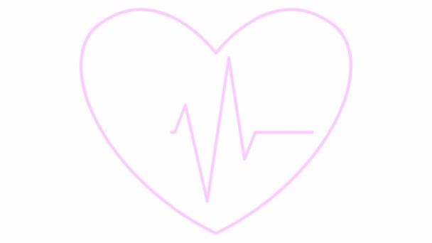 心電図とアニメーションピンクのドキドキ心 脈動性心血管の線形シンボル 鼓動する心臓のループビデオ 心臓病 医学の概念 白い背景に独立したベクターイラスト — ストック動画