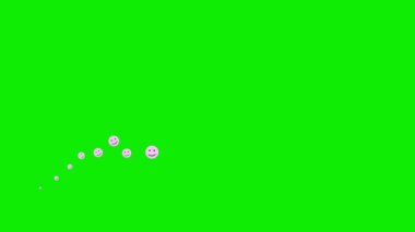 Gülümseme sembolleri soldan sağa doğru uçar. Pembe emoticonlardan bir dalga. Düz gülen yüzler. Ruh hali anlayışı. Döngülü video. Vektör illüstrasyonu yeşil arkaplanda izole edildi.