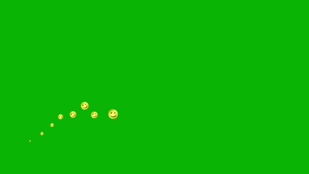 笑顔のアニメーション記号を左から右へ飛ぶ 黄金の絵文字からの波 笑顔のフラットアイコン 気分の概念 ループビデオだ 緑の背景に独立したベクトル図 — ストック動画