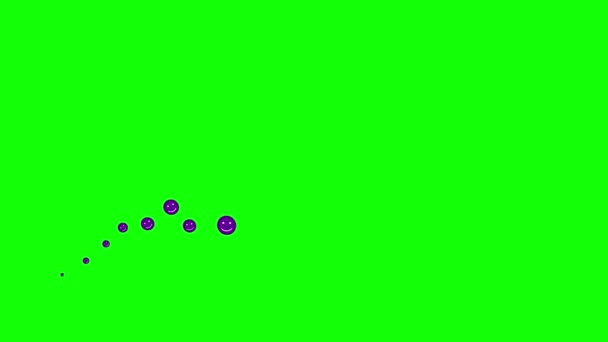 笑顔のアニメーション記号を左から右へ飛ぶ 紫色の絵文字からの波 笑顔のフラットアイコン 気分の概念 ループビデオだ 緑の背景に独立したベクトル図 — ストック動画