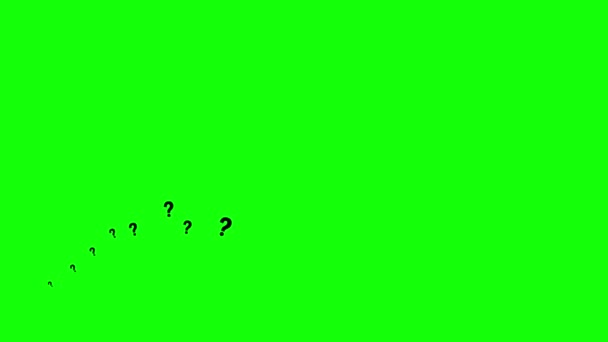 アニメーション化された黒いクエスチョンマークは左から右へ飛ぶ 飛行シンボルの波 ループビデオだ 緑の背景に隔離されたフラットベクトルイラスト — ストック動画