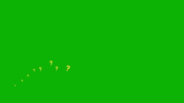 アニメーション化された黄金のクエスチョンマークは左から右へ飛ぶ 飛行シンボルの波 ループビデオだ 緑の背景に隔離されたフラットベクトルイラスト — ストック動画