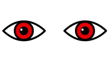 Canlandırılmış kırmızı iki göz kapanıyor. Göz açıp kapayıncaya kadar. Düz simge. Döngülü video. Beyaz arkaplanda vektör illüstrasyonu.