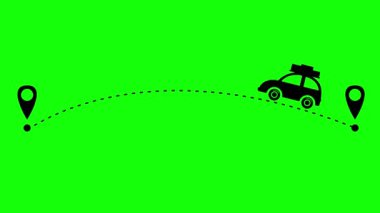 Animasyon siyaha boyanmış araba mermi yolu boyunca gidiyor. Arabayla seyahat konsepti. Döngülü video. Yeşil arkaplanda izole edilmiş vektör illüstrasyonu.