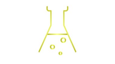 Sıvı ile canlandırılmış altın deney şişesi. Analiz sembolü. Kimya kavramı, deneyler, araştırma, bilim. Döngülü video. Beyaz arkaplanda doğrusal vektör çizimi.