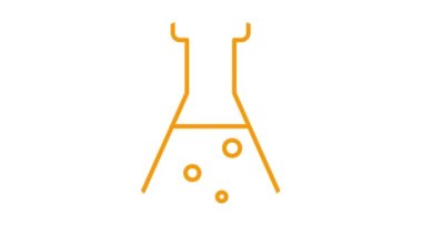 Sıvı ile canlandırılmış turuncu deney şişesi. Analiz sembolü. Kimya kavramı, deneyler, araştırma, bilim. Döngülü video. Beyaz arkaplanda doğrusal vektör çizimi.