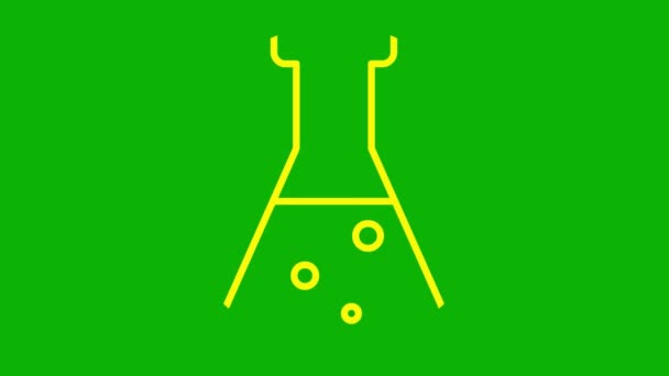 液体とアニメーション黄色のビーカー 分析のシンボル 科学の概念 ループビデオだ 緑の背景に線形ベクトル図 — ストック動画