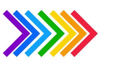 Üçgen okun renkli bir sembolü. Düz çizgili çok renkli simge sağ tarafı gösteriyor. Döngülü video. Vektör illüstrasyonu beyaz arkaplanda izole edildi.