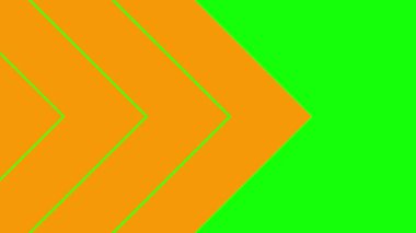 Üçgen şeritlerden hareketli turuncu arka plan. Dekoratif oklar soldan sağa hareket eder. Döngülü video. Geometrik arka plan. Düz vektör çizimi yeşil arkaplanda izole edildi.