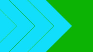 Üçgen şeritlerden hareketli mavi arka plan. Dekoratif oklar soldan sağa hareket eder. Döngülü video. Geometrik arka plan. Düz vektör çizimi yeşil arkaplanda izole edildi.