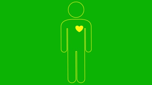 人的生动的黄色线形符号 循环视频心跳的心脏 人物形象 心脏怦怦直跳在绿色背景上孤立的向量图 — 图库视频影像