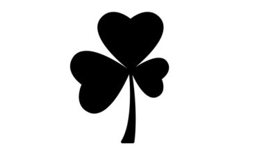 Yonca yaprağının animasyon siyah sembolü. İrlanda bitkisinin ikonu. Patrick Günü kavramı. Döngülü video. Düz vektör çizimi beyaz arkaplanda izole edildi.