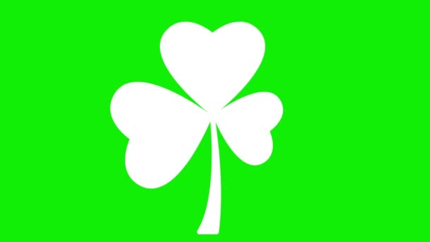 クローバーの葉のアニメーションされた白いシンボル アイルランドの植物のアイコン パトリックの日 ループされたビデオ 緑色の背景に単離されたフラットベクターイラスト — ストック動画