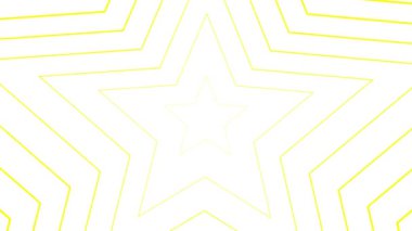 Merkezden yükselen hareketli sarı yıldızlar belirir. Doğrusal sembolün arka planı. Döngülü video. Vektör illüstrasyonu beyaz arkaplanda izole edildi.