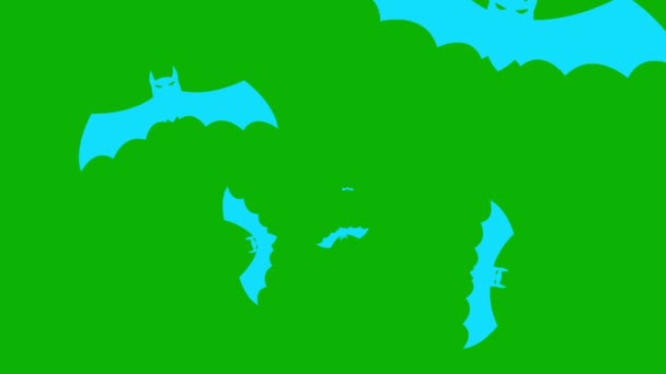 青いコウモリはスクリーンの中心から飛び出します ループされたビデオ ハロウィーンのコンセプト ブラックフライデー 緑色の背景に単離されたフラットベクターイラスト — ストック動画
