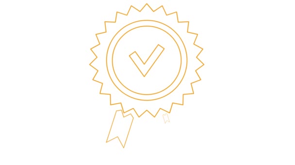 品質マークのアニメーションオレンジリニアシンボル 品質サイン 承認またはライン認定アイコン 白い背景に隔離されたベクトルイラスト — ストック動画