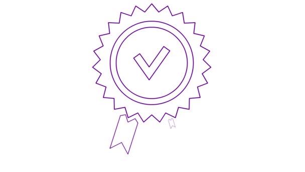 品質マークのアニメーションヴァイオレットリニアシンボル 品質サイン 承認またはライン認定アイコン 白い背景に隔離されたベクトルイラスト — ストック動画